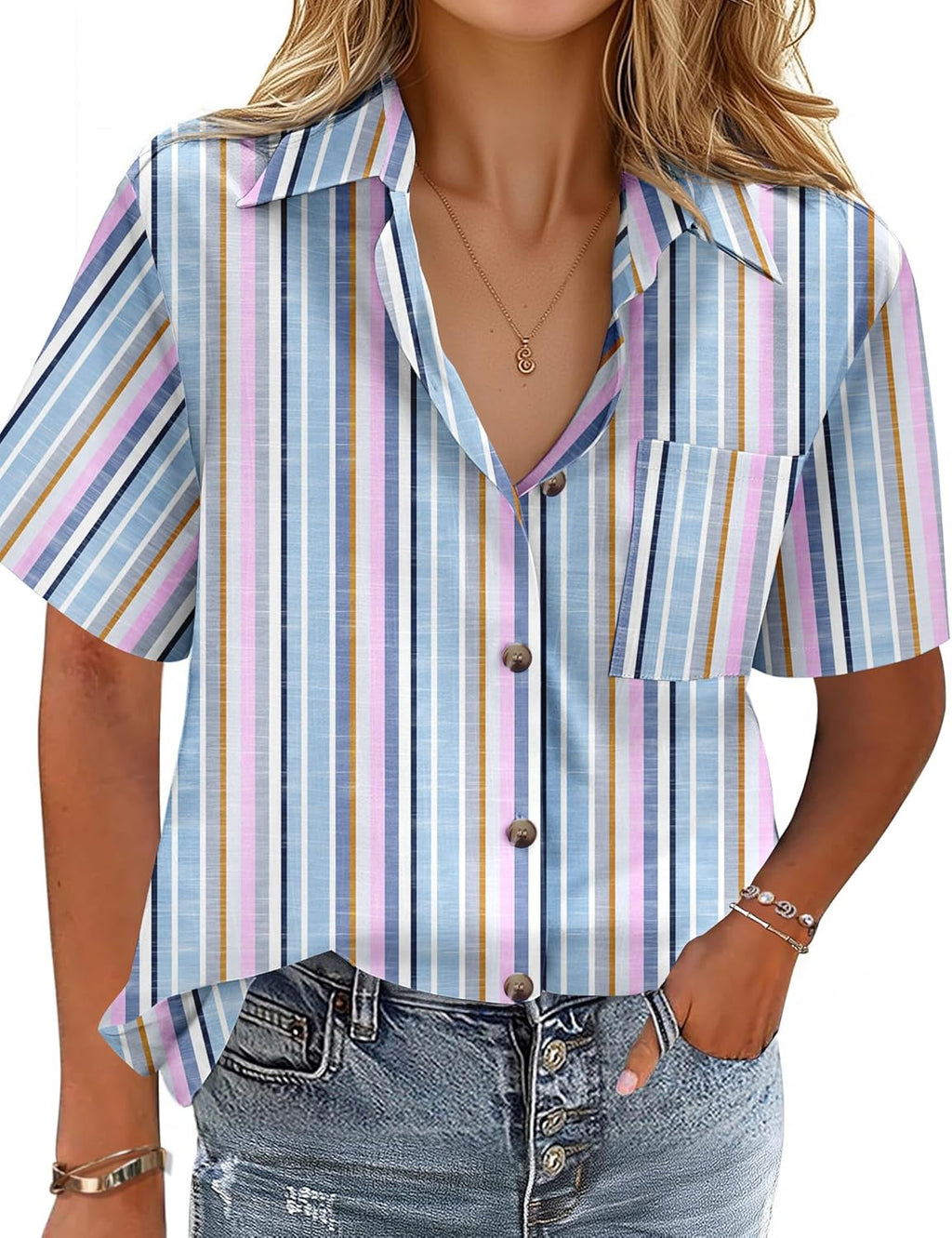 Cotton-Linen Button-Down Shirt — V-Neck Collared Top