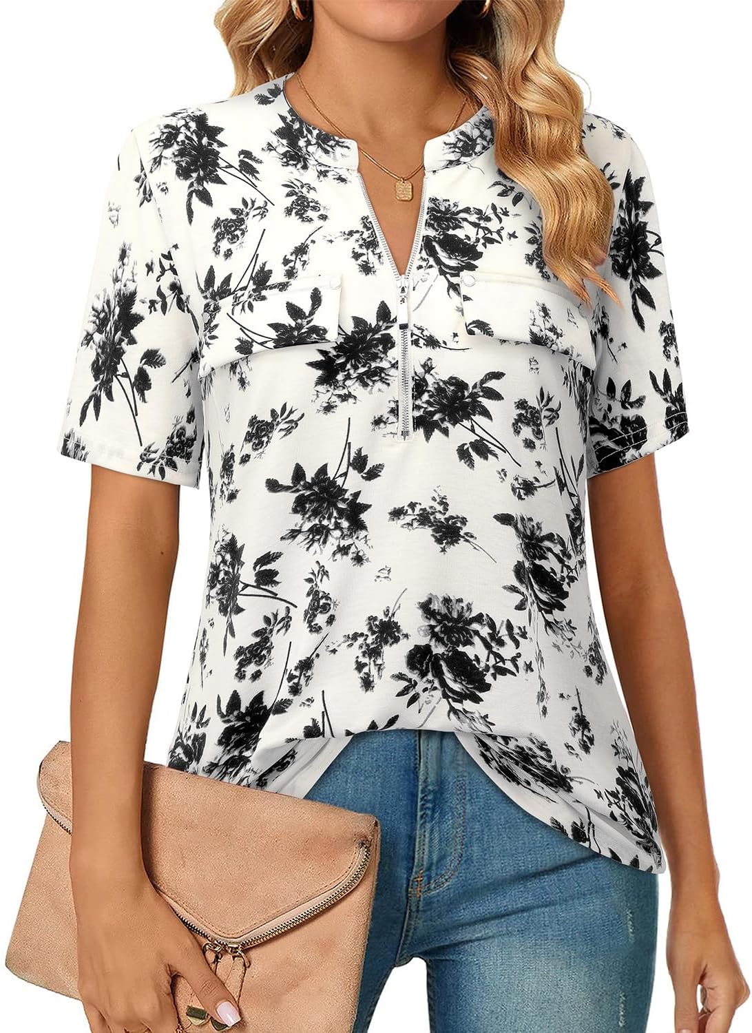 Short-Sleeve V-Neck Top with Zipper