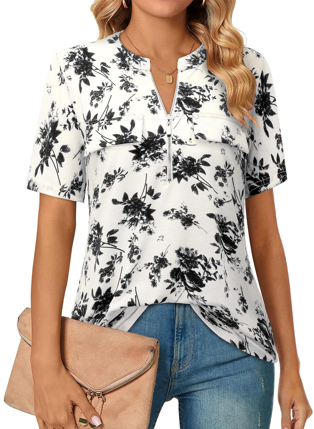 Short-Sleeve V-Neck Top with Zipper