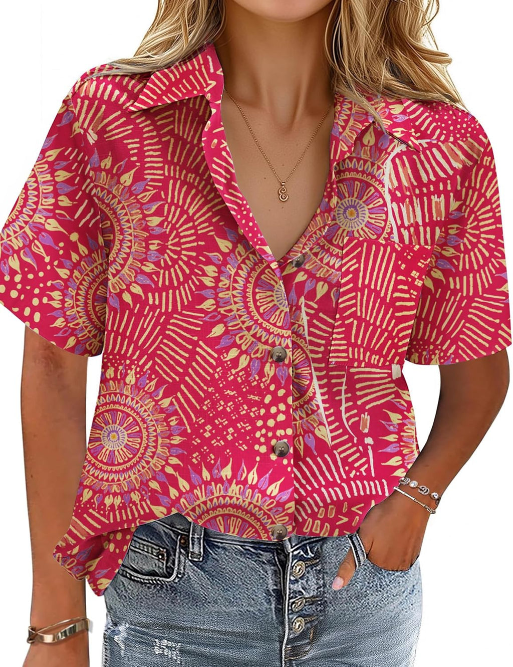 Cotton-Linen Button-Down Shirt — V-Neck Collared Top