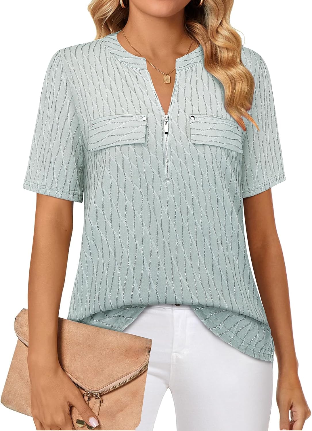 Short-Sleeve V-Neck Top with Zipper