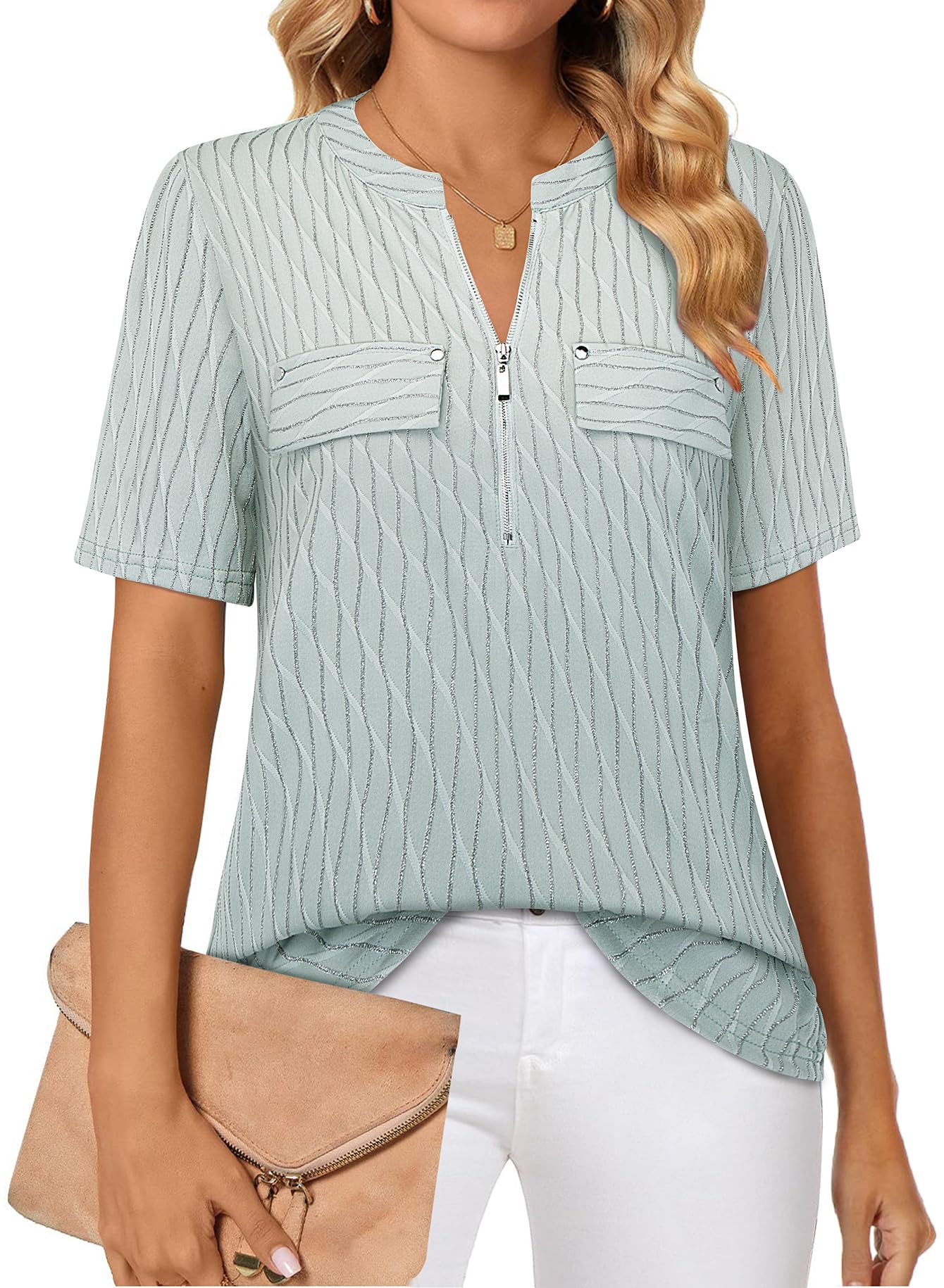 Short-Sleeve V-Neck Top with Zipper