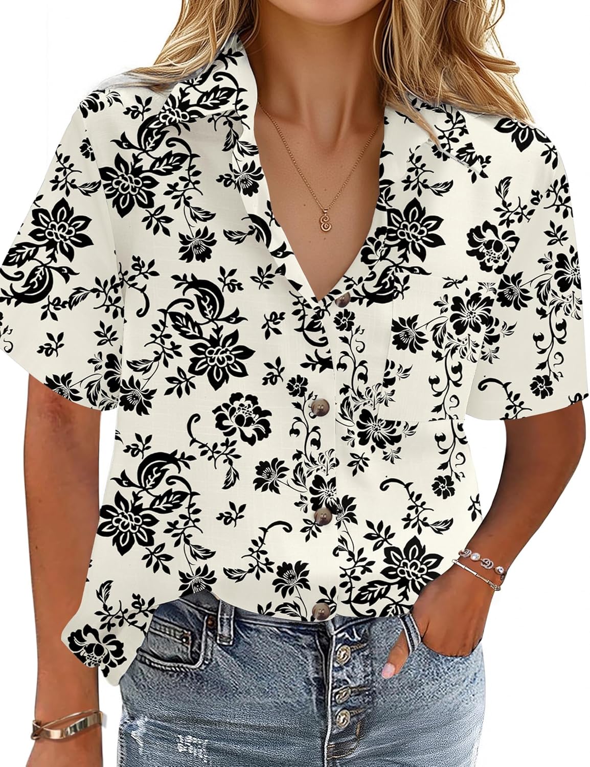 Cotton-Linen Button-Down Shirt — V-Neck Collared Top