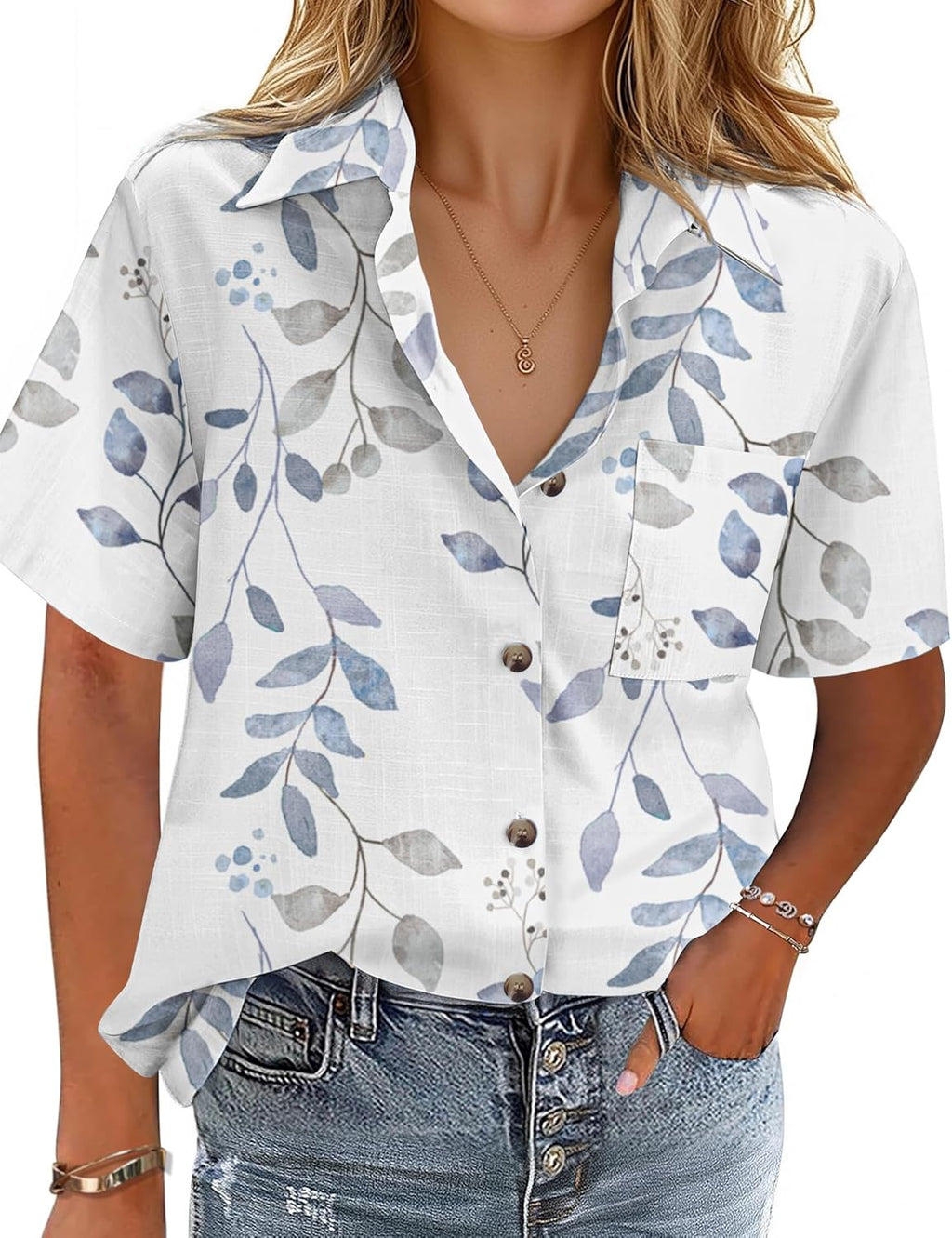 Cotton-Linen Button-Down Shirt — V-Neck Collared Top