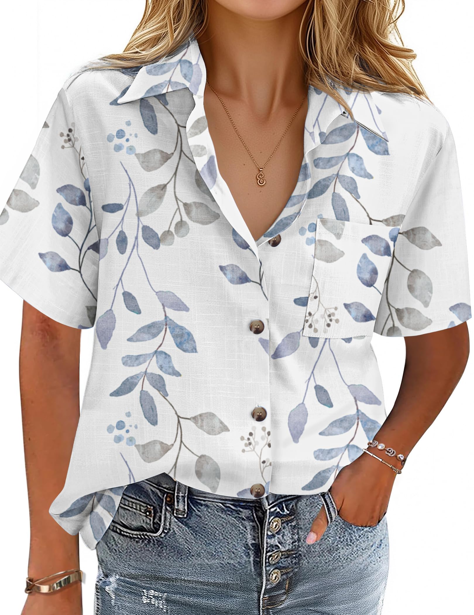 Cotton-Linen Button-Down Shirt — V-Neck Collared Top
