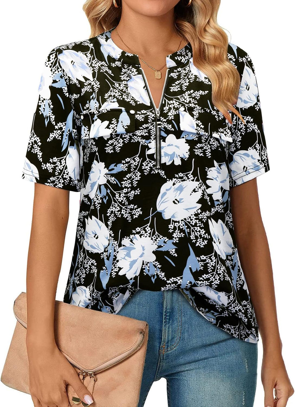 Short-Sleeve V-Neck Top with Zipper