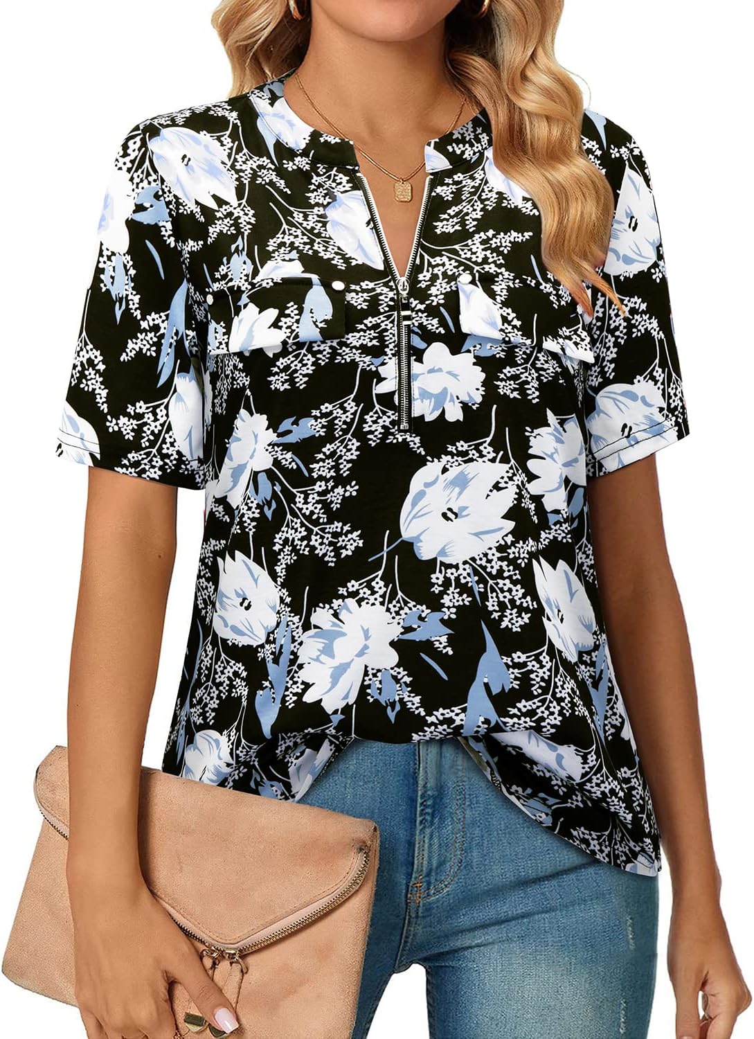Short-Sleeve V-Neck Top with Zipper