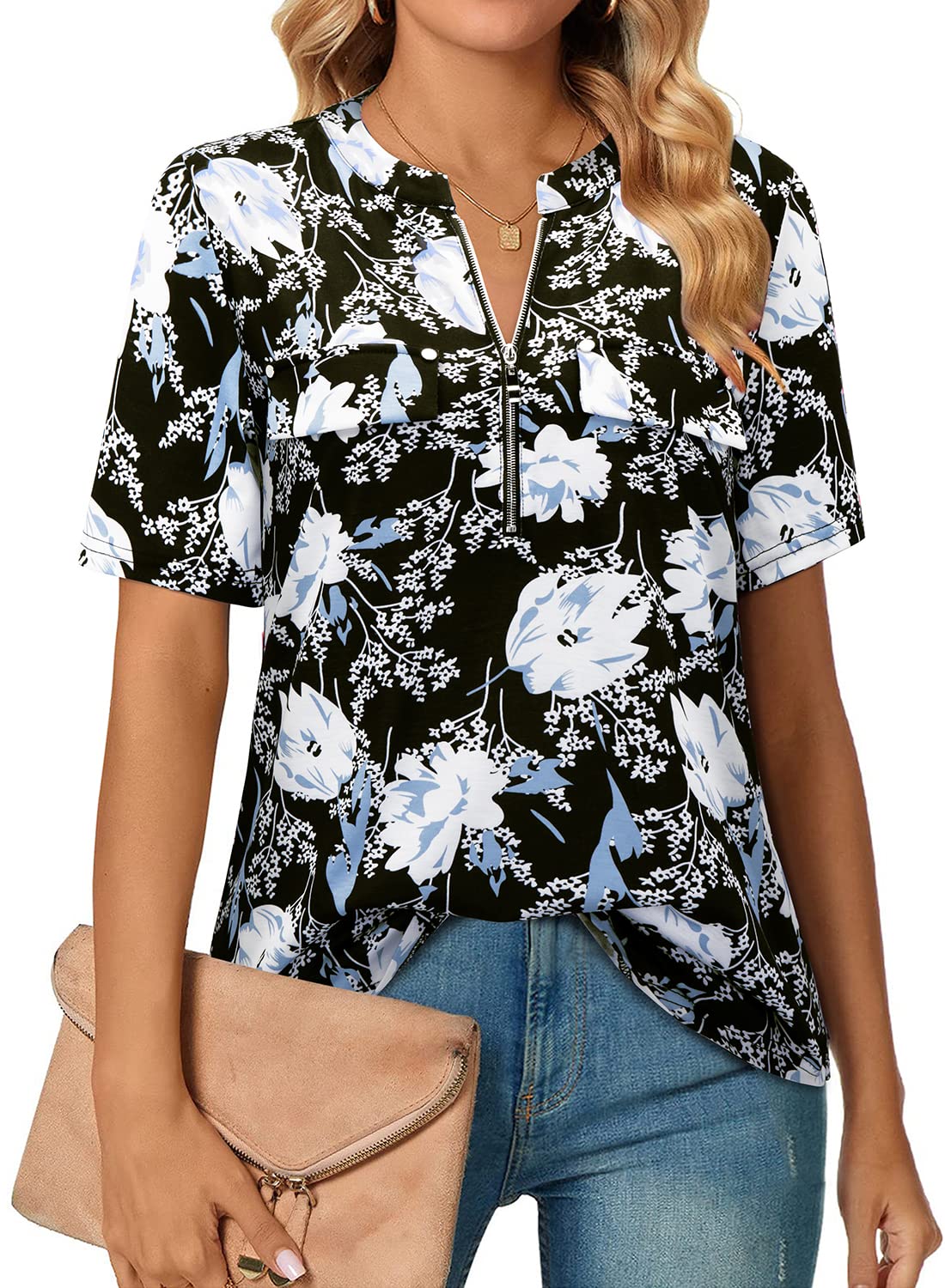 Short-Sleeve V-Neck Top with Zipper
