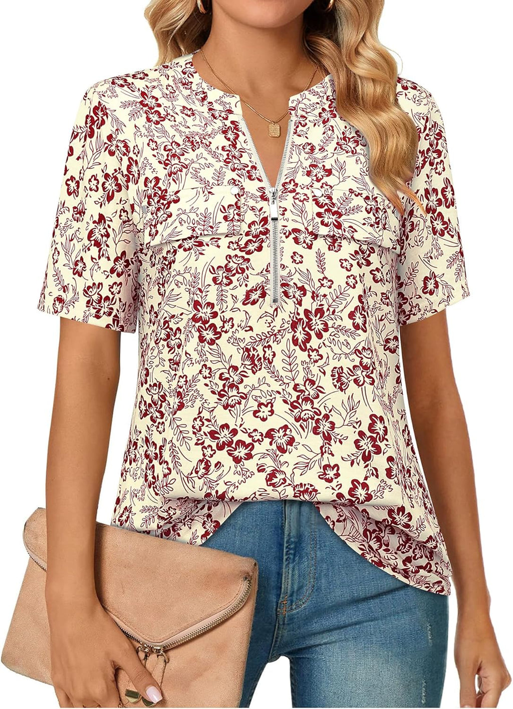 Short-Sleeve V-Neck Top with Zipper
