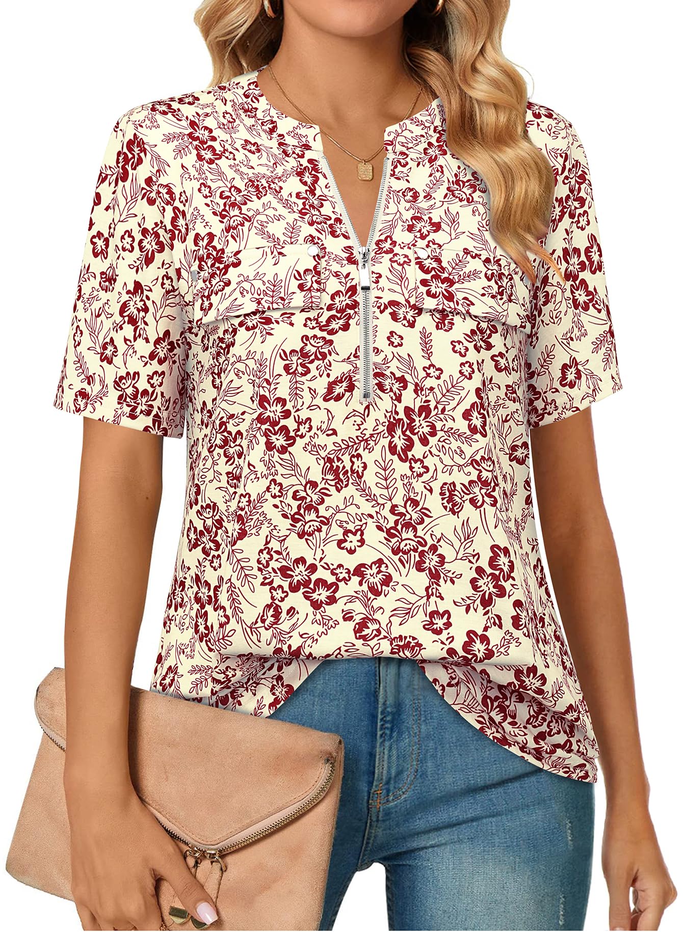 Short-Sleeve V-Neck Top with Zipper
