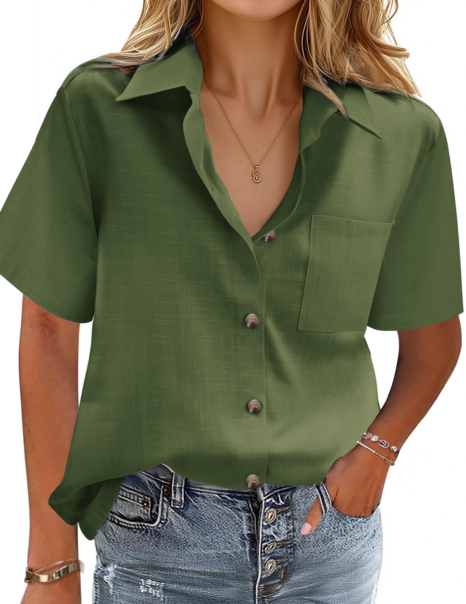 Cotton-Linen Button-Down Shirt — V-Neck Collared Top