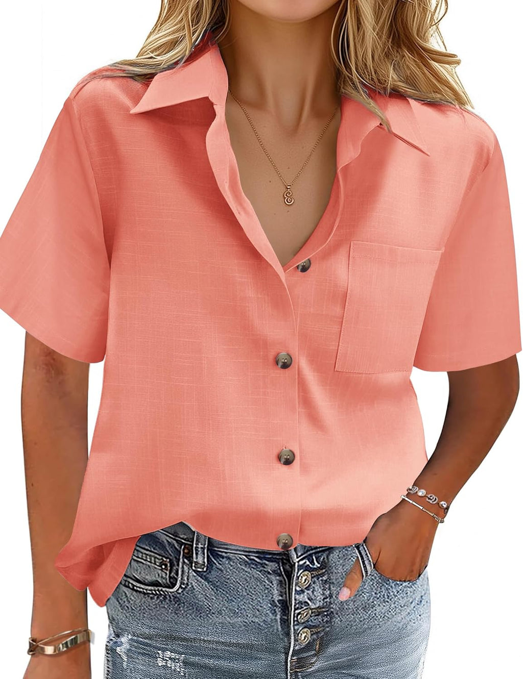 Cotton-Linen Button-Down Shirt — V-Neck Collared Top