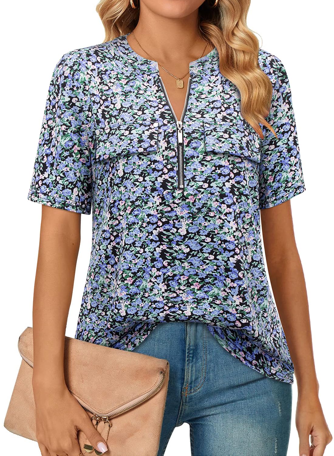 Short-Sleeve V-Neck Top with Zipper