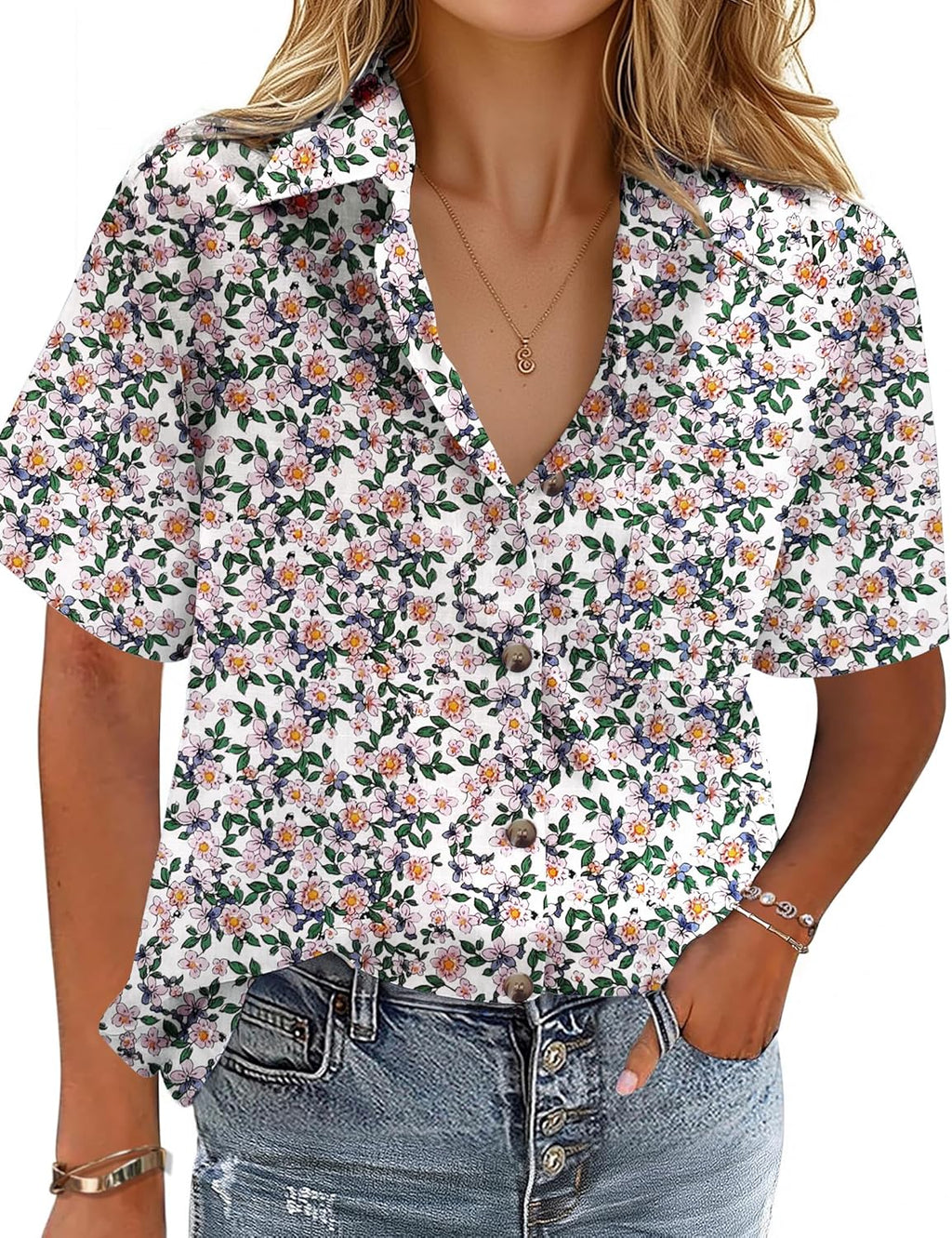 Cotton-Linen Button-Down Shirt — V-Neck Collared Top