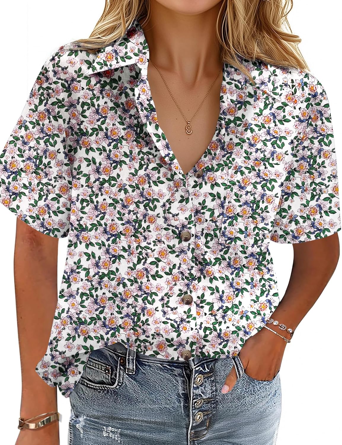 Cotton-Linen Button-Down Shirt — V-Neck Collared Top
