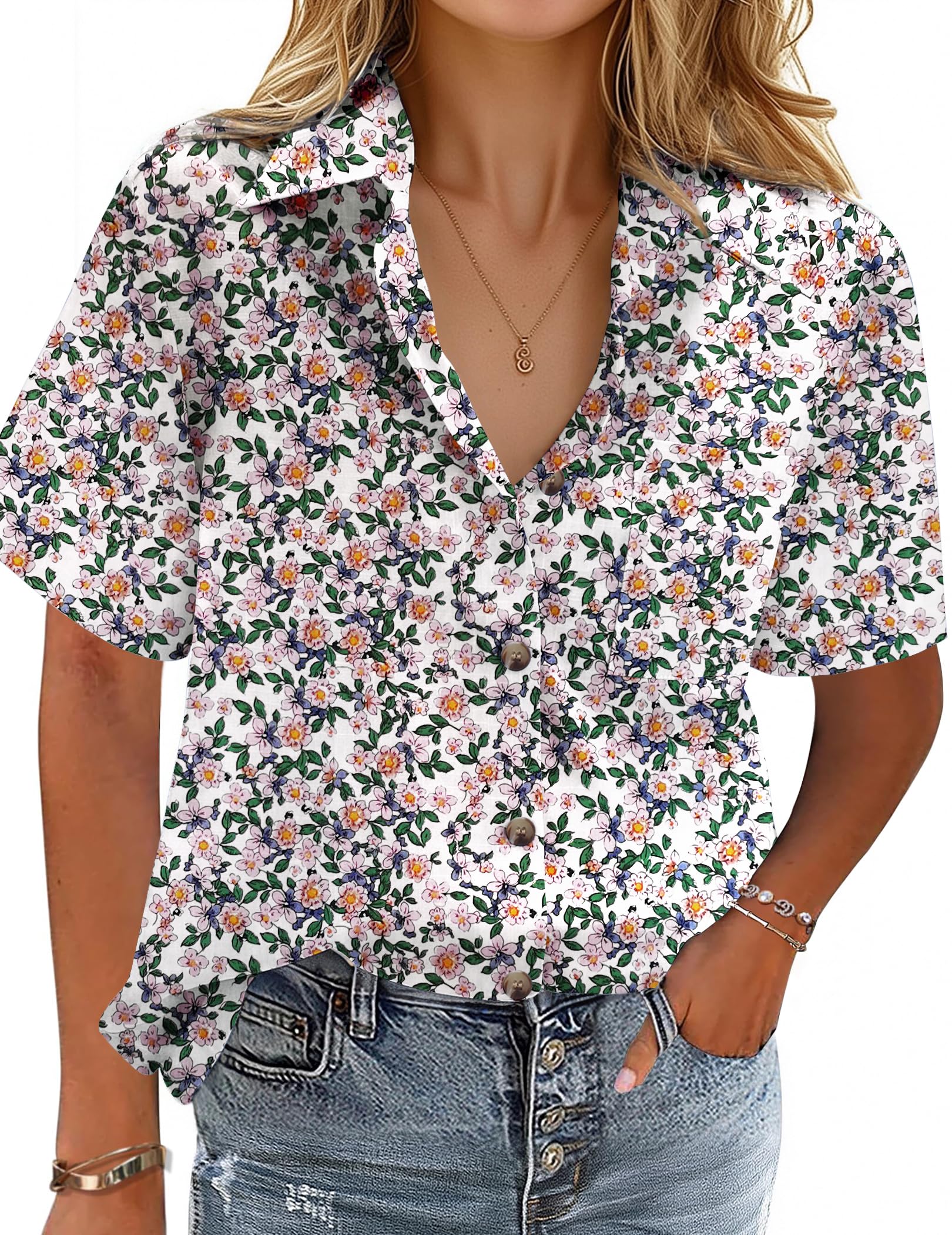 Cotton-Linen Button-Down Shirt — V-Neck Collared Top