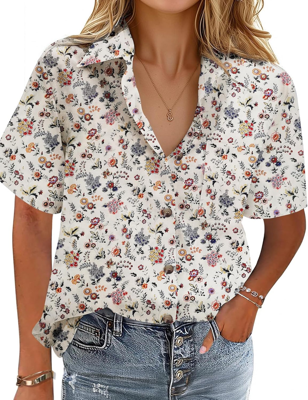 Cotton-Linen Button-Down Shirt — V-Neck Collared Top