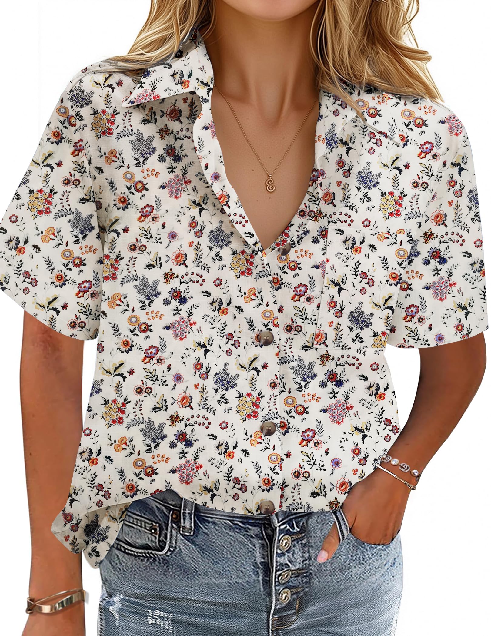 Cotton-Linen Button-Down Shirt — V-Neck Collared Top