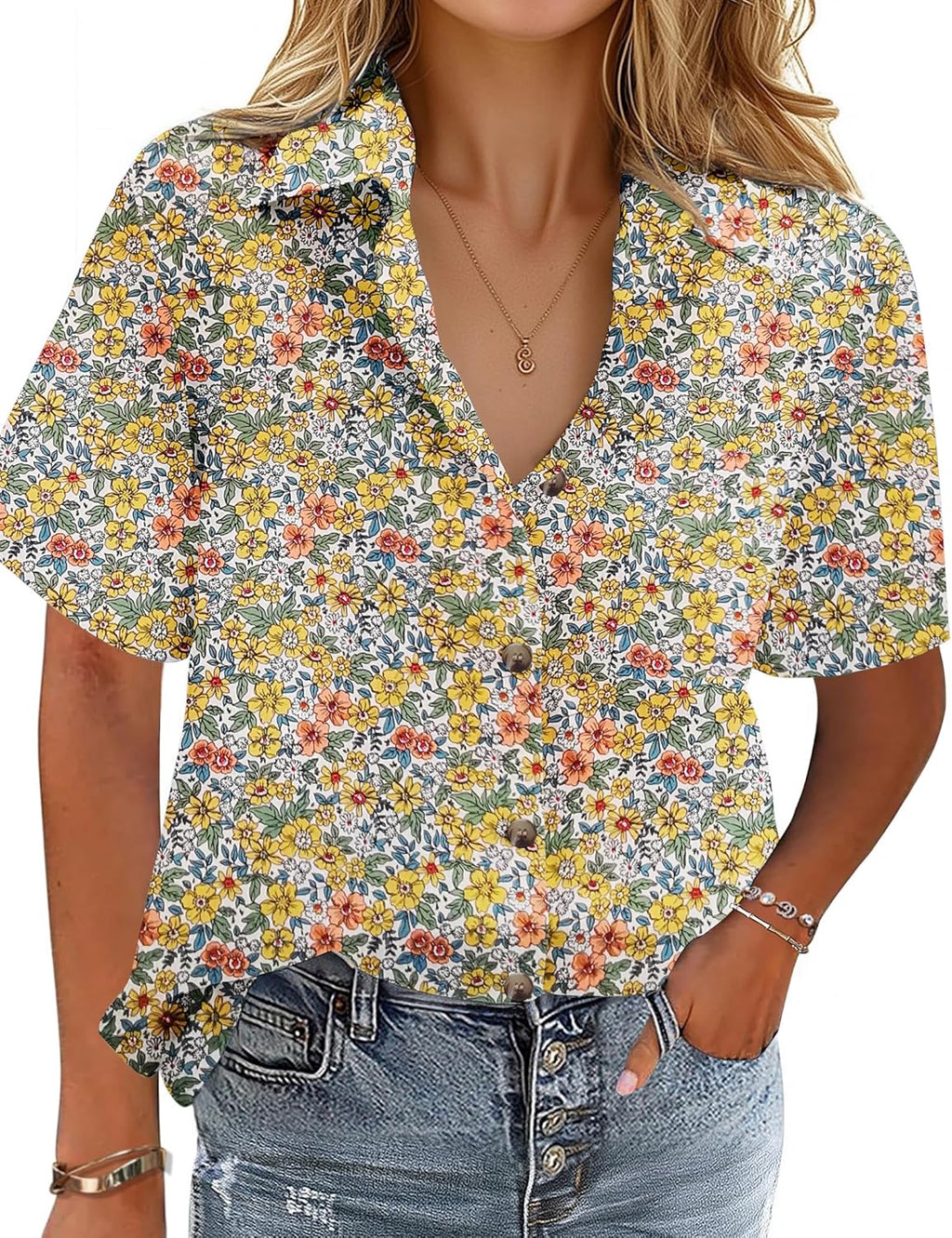 Cotton-Linen Button-Down Shirt — V-Neck Collared Top