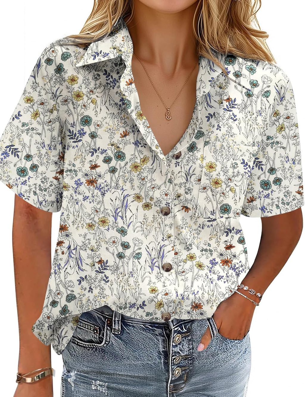 Cotton-Linen Button-Down Shirt — V-Neck Collared Top