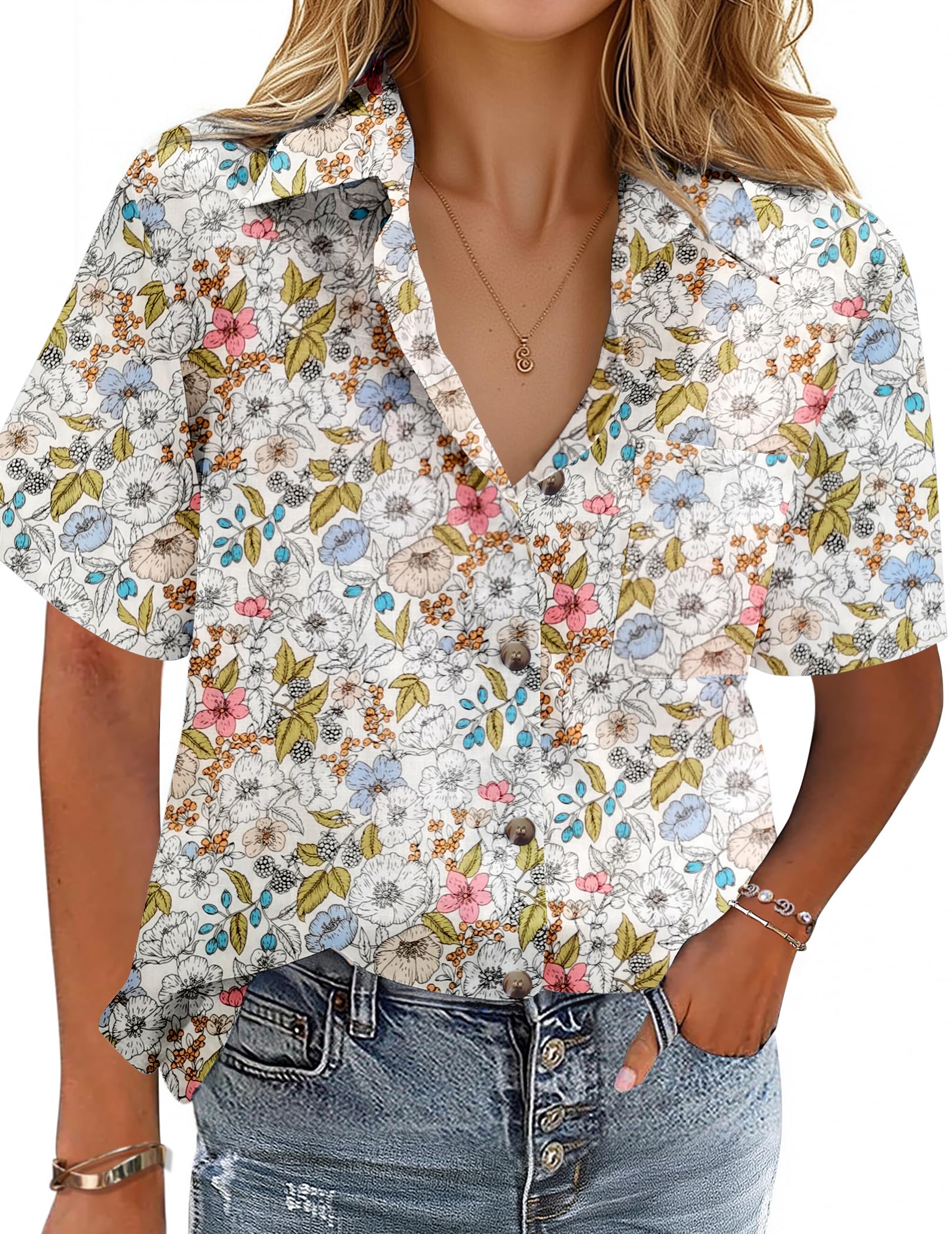 Cotton-Linen Button-Down Shirt — V-Neck Collared Top