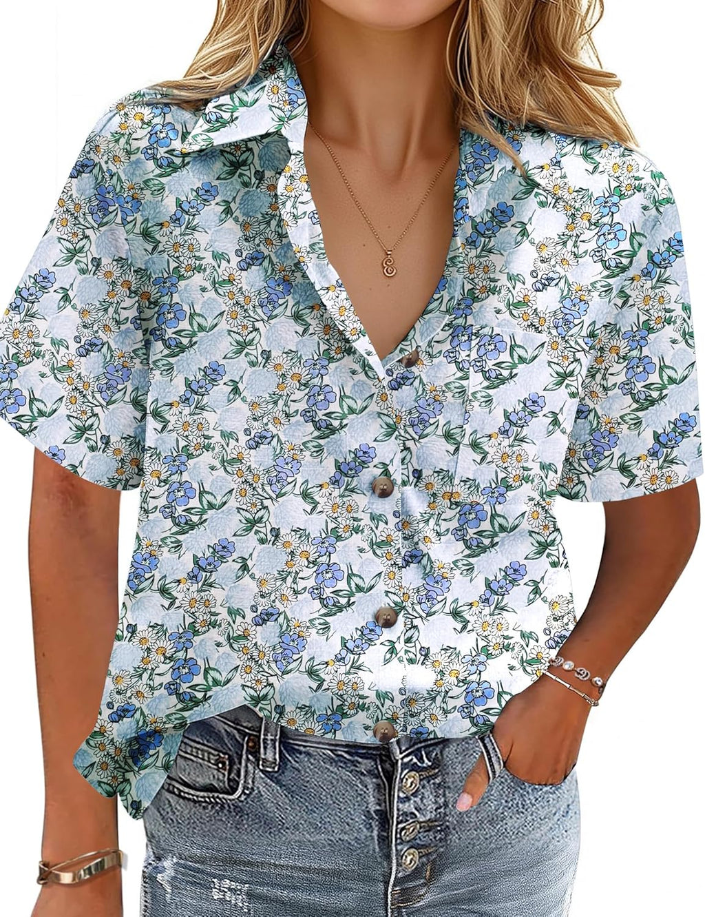 Cotton-Linen Button-Down Shirt — V-Neck Collared Top